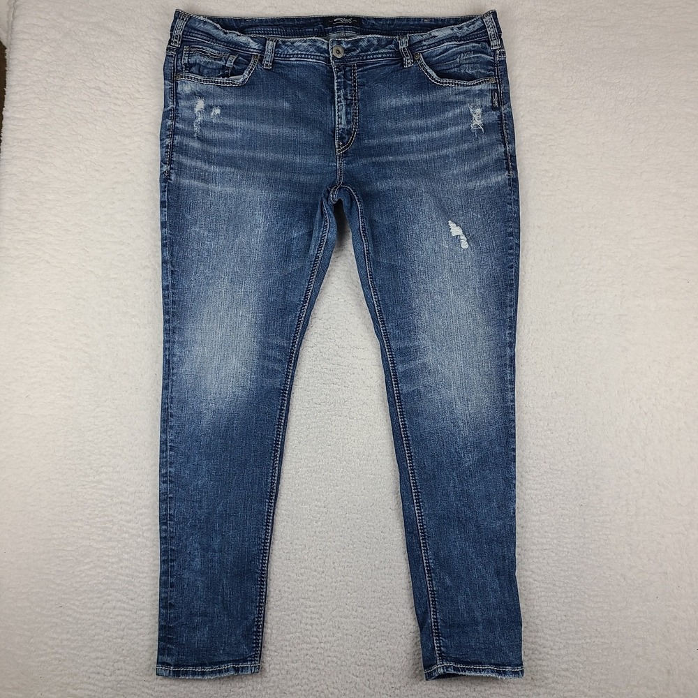 Silver Jeans Womens Plus 22x29 Blue Girlfriend Distress Medium Wash Denim